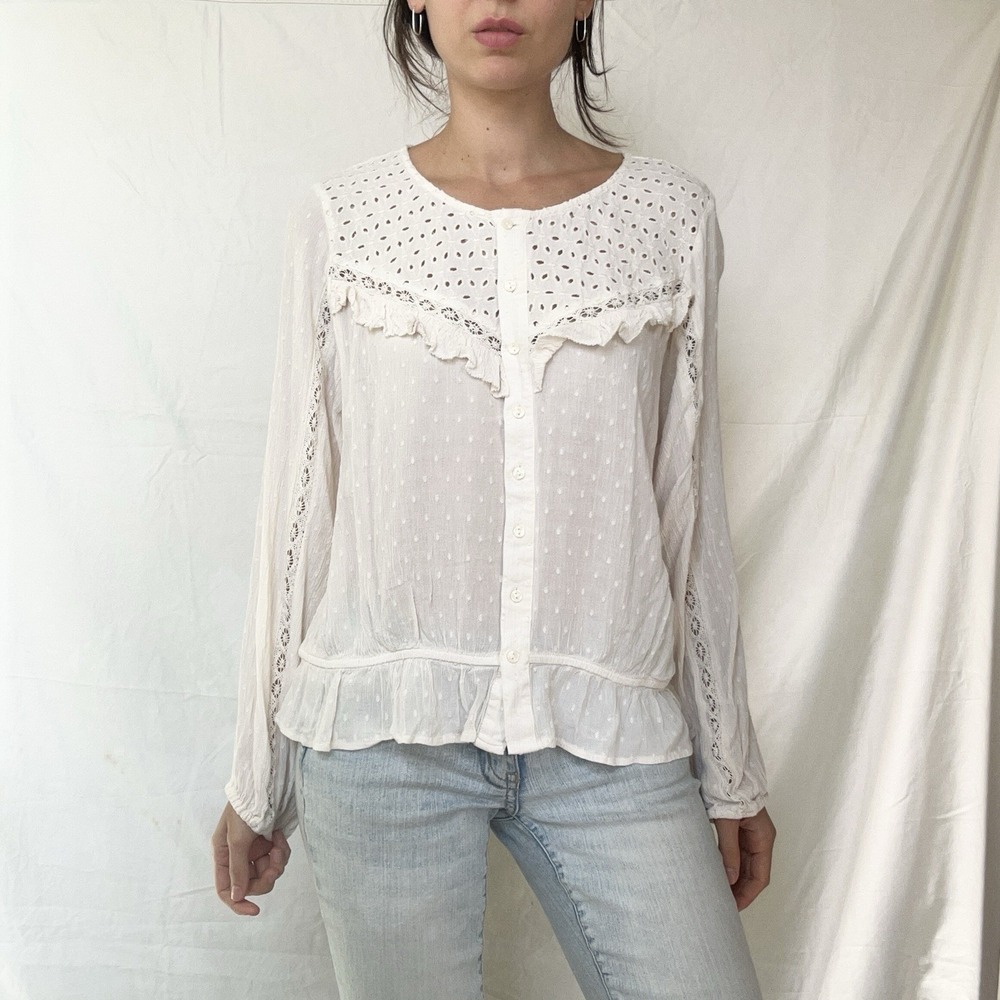 American Eagle Eyelet Ruffle Long Sleeve Peasant Top Whimsy Boho Cottagecore